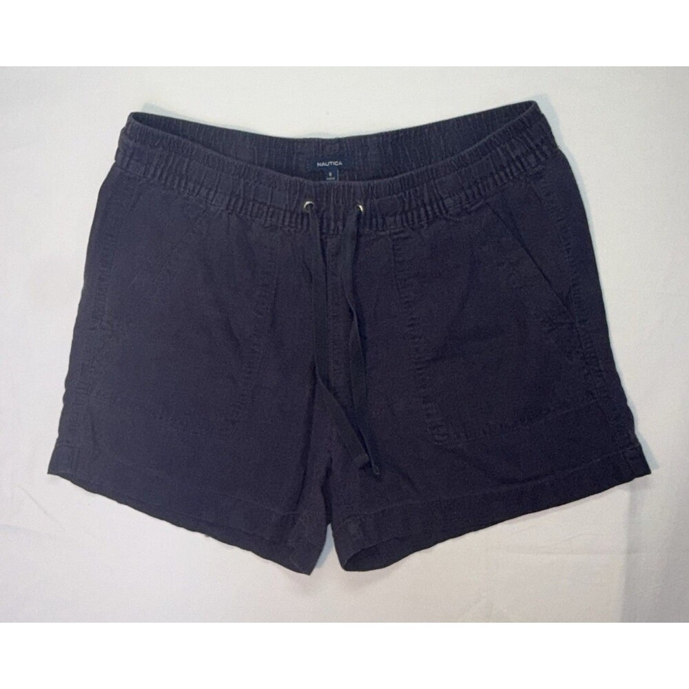 Nautica Women’s Linen Blend Pull On Shorts Navy Blue Size L Drawstring 4”